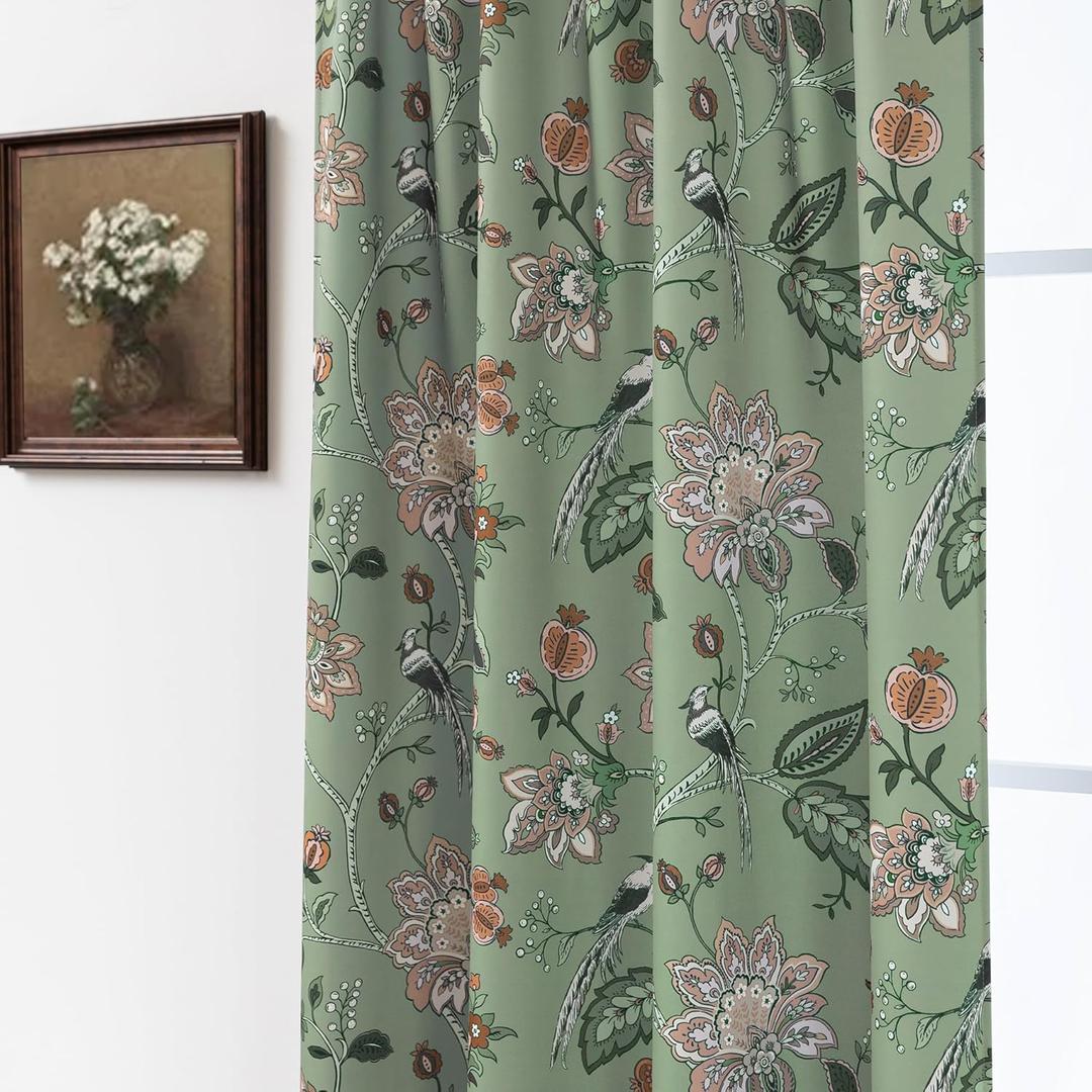 Sage Green Floral Printed Curtains,Vintage Cottage Core Light Pink Flower Leaf Botanical Cottagecore Patterned Blackout Farmhouse Curtains for Bedroom Living Dining Room 84 Inch Length 2 Panel Set