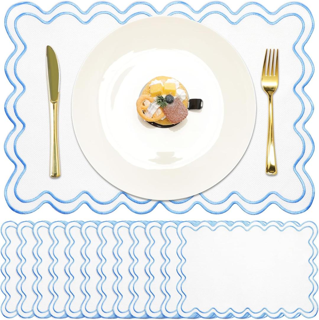 Gandeer 12 Set Linen Placemat 13x19 Wavy Embroidery Scalloped Placemat Double Layered Washable Farmhouse Dinner Table Mat Fabric Napkin for Christmas Hotel Restaurant Wedding Party(Sky Blue)
