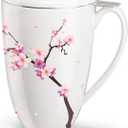 Tea Cup with Infuser and Lid for Steeping Loose Leaf Tea Bag Coffee Milk Women Office Home Gift 16oz Peach Blossoms