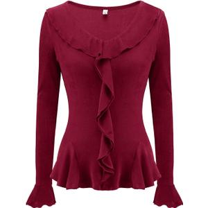 Meetjen Women's Long Sleeve Tops Slim Fit Wrap V Neck Ruffle 2026 Spring Trendy Casual Going Out Shirt Tee Blouses (Medium, Burgundy)