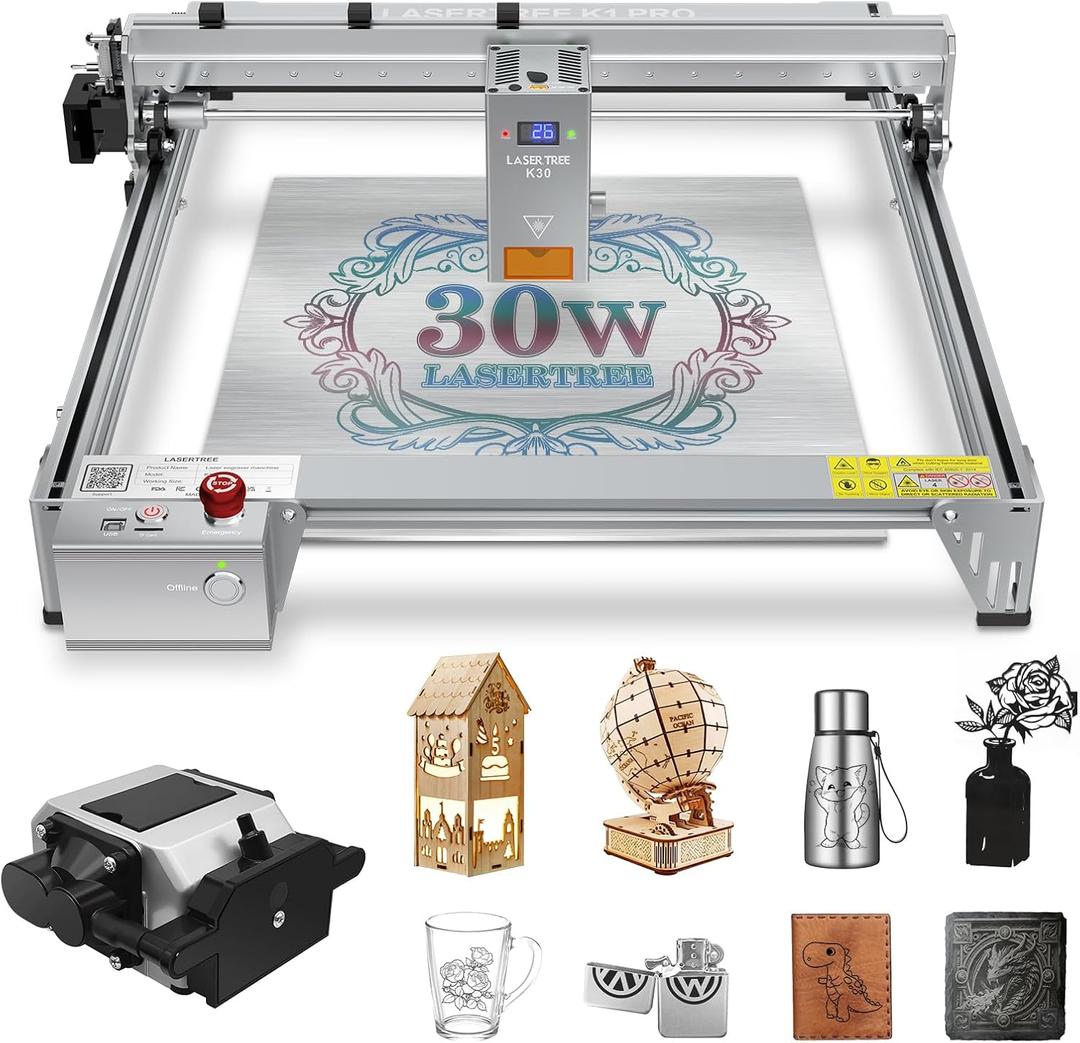 LASER TREE Laser Engraver, 30000mW30WOutput Power Laser Engraver Machine with Air Assist Pump, High Precision Laser Cutter and Engraver for Wood & Metal Paper Acrylic Glass Leather etcClass 4 (LT-K1-Pro-30W KIT)