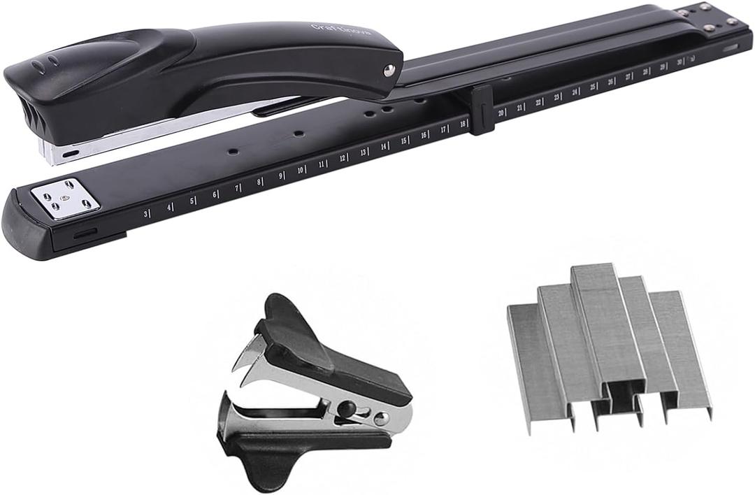 Long Reach Stapler,with 2000 Staples & Stapler Remover Full Strip20-25 Sheet Capacity,with Built-in Ruler and Adjustable Locking Paper Guide, Black