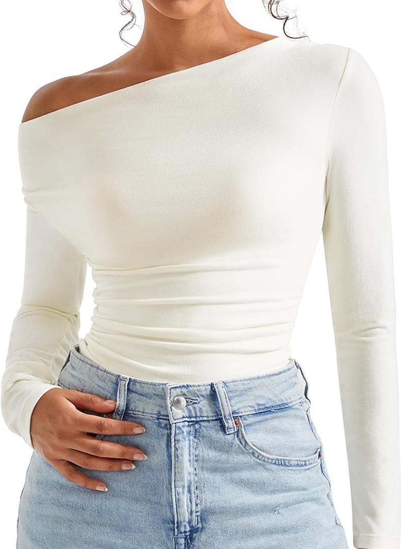 SUUKSESS Women Long Sleeve Off Shoulder Tops Trendy Cowl Neck Going Out Shirt for Fall (Medium, Cream White)