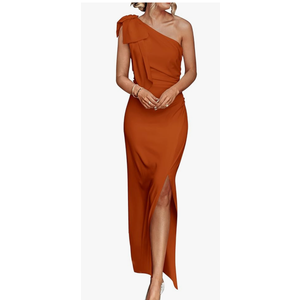 PRETTYGARDEN Summer One Shoulder Long Formal Women's Dress Sleeveless Ruched Bodycon Wedding Guest Slit Maxi Dresses, Size Large