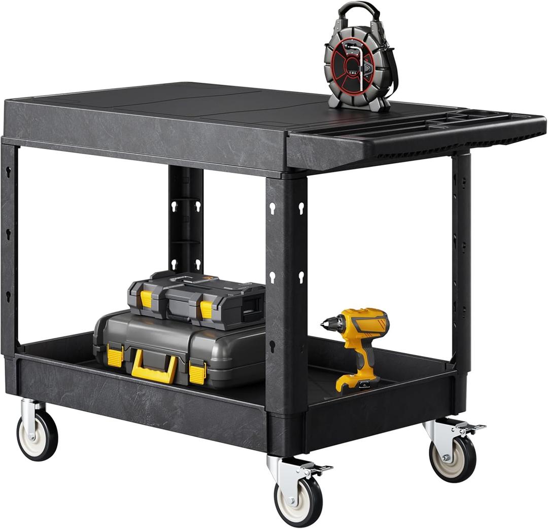 VEVOR Utility Cart, 550 lbs Load Capacity, 37 x 25.4-inch Service Cart, Two-Shelf Heavy Duty Plastic Utility Cart with 360 Swivel Wheels (2 with Brakes), Suitable for Warehouse, Garage, Cleaning