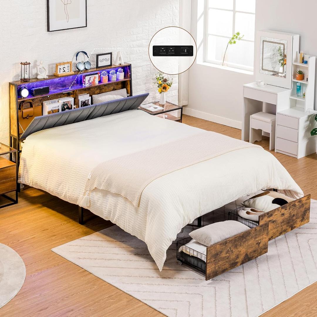 COMHOMA Platform Bed Frame with LED Lights and Charging Station, Storage Headboard and Footboard Drawers, No Box Spring Needed, Rustic Wood Look (Queen) (Vintage Brown and Grey)