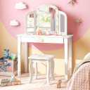 Costzon Kids Vanity Table, Princess Makeup Dressing Table with Drawer & Tri-Folding Mirror, 2-in-1 Vanity Set with Detachable Top, Pretend Beauty Play Vanity Set for Girls (Fruit Pattern)