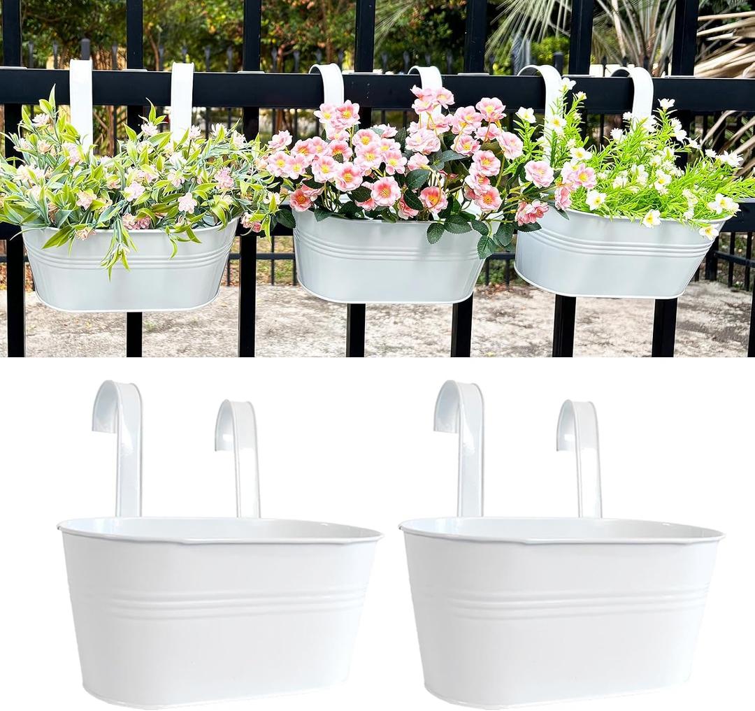 12" Balcony Railing Planters, Outdoor Hanging Planter for Fence, Stylish Metal Porch Deck Flower Pot for Herbs & Succulents (White, Pack of 2)