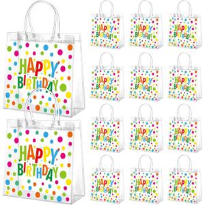 Kacctyen 24 Pcs Birthday Gift Bags for Party Favor Clear Birthday Goodie Bags with Handle 7.87 x 7.87 x 3.15 Return Gift Wrap Totes for Guests Treat Candy Wrapping