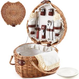 Willinglong Heart Picnic Basket with 2 Person Tableware Set Wicker Picnic Basket Couple Gift for Camping Beach Wedding Party Birthday Outdoor Antique White