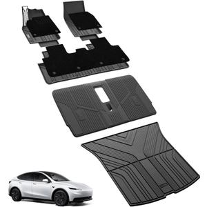 3W Floor Mats with Carpets for 2025 2026 Tesla Model Y Juniper Only Fit Standard 5 Seat Metal Pedal Liner & Rear Cargo Mat & Backrest Mats Anti-Slip All Weather TPE Car Accessories, Black, Vigormold™