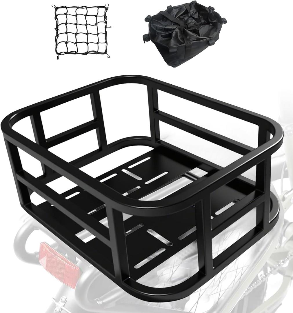 WCYQONOO Large Rear Bike Basket with Cargo Net, Liner & Waterproof Cover - Heavy Duty Rack for Carry Groceries, Balls, Pet Dogs on Bicycle & E-Bikes,Travel and Commuting Use,Capacity: 30 Liter