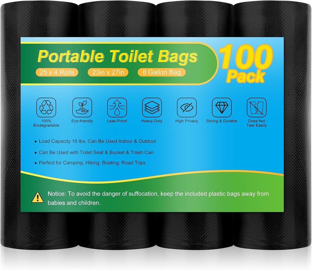 Portable Toilet Bags - 8 Gallon Camping Toilet Bags, Biodegradable Travel Potty Bag for Portable Toilet, Thickened Camp Toilet Waste Bags for 5 Gallon Bucket Toilet, Compostable Trash Bags