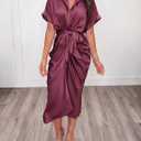 BTFBM Dresses for Women Summer Button Short Sleeve Silk Satin Ruched Spring Maxi Dress 2026 Cocktail Party Wedding (Pink, M)