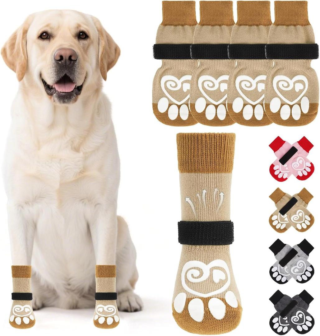 KOOLTAIL Dog Socks for Hot/Cold Pavement to Prevent Licking Paws,Dog Boots&Paw Protector for Hardwood Floors Anti Slip,Traction Control Booties for Small Medium Large Senior Dogs (Small(4 Pack), khaki)