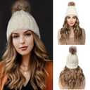 REECHO Beanie Wig Hair Extensions, Warm Knitted Beanie Hat with Hair 12" Beach Wavy Hair Extension Synthetic Hairpiece for Women - Beige Beanie, Light Brown with Highlights Hair