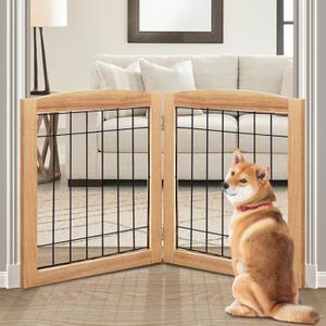 LZRS 24"Height-2 Panel Freestanding Foldable Wood Dog Gate Solid Wood & Steel Wire, Chew-Resistant Pet Barrier for Indoor Use, Ideal for Small to Medium Dogs, Natural