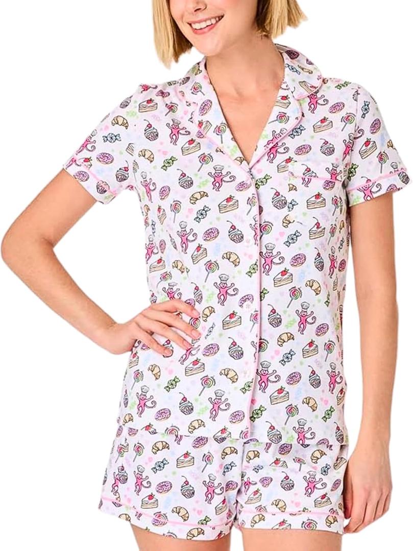 Ammiko Womens Pajamas Set Y2k Loungewear Pajama Button Down Top and Shorts Monkey Beach Short Sleeve Sleepwear Preppy (Medium, Sweet Dreams)