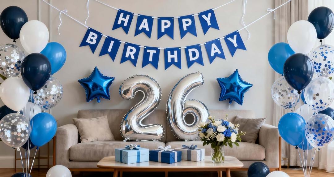 26th Birthday Party Decoration Blue for Men, Happy Banner Star Foil Balloons Latex Confetti Supplies - Number 26 for Him 26 Years Old