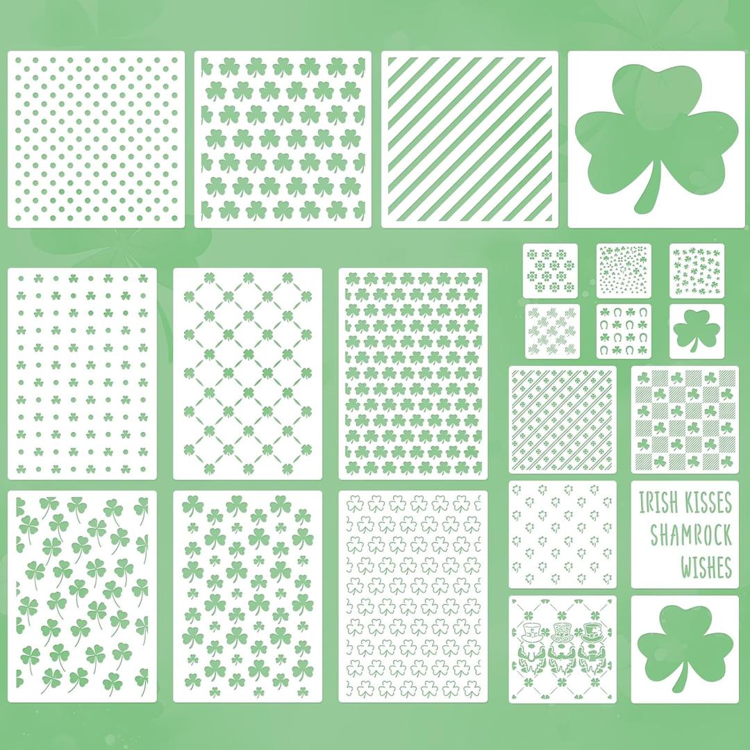 22 Pcs Shamrocks Cookie Stencils for Royal Icing, St Patricks Day Clover & Irish Gnome Templates, Reusable PET Baking Stencils in Assorted Sizes for Cookies, Desserts & Crafts