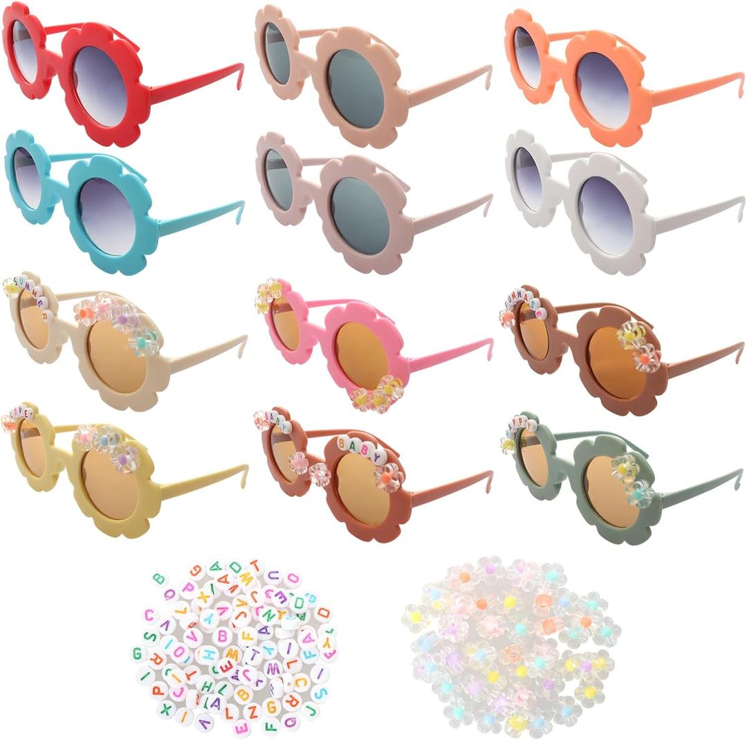 Fumwase 12 Pairs Kids Round Flower Sunglasses for Girls Toddler With 100 Colorful Letter Beads 50 Flower Beads 1 Glue for DIY Crafts Boy Girls Groovy Party Favors