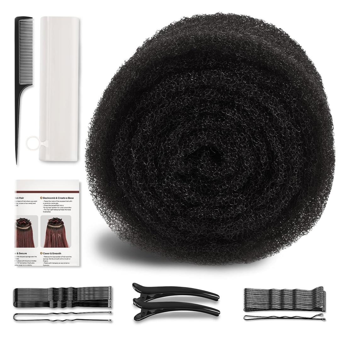 Hair Padding for Updos | Volumizing Hair Donut Bun Maker | Sponge Hair Filler Pads & Undetectable Updo Tool | Includes Bobby Pins, U Shape Hair Pin, Comb and Plastic Clips (Black)