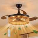 48 Inch Retractable Ceiling Fans , Boho Caged Farmhouse Ceiling Fanwith Lights and Remote, Invisible Rattan Fandelier with 6 Speeds,Timer Reversible,Chandelier Fan for Living Room Bedroom Dining Room