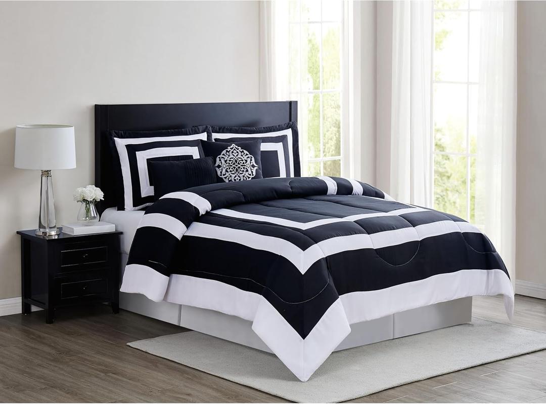 London Fog Raynes Hotel White and Black Polyester 5-Piece King Comforter Set, Geometric, 100% Polyester, for Men and Women, OEKO-TEX Certified Confidence