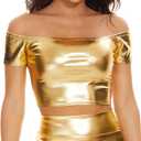 Women's Shiny Metallic Crop Tops Off Shoulder Tube Bra for Raves, Festivals, Costumes (M)