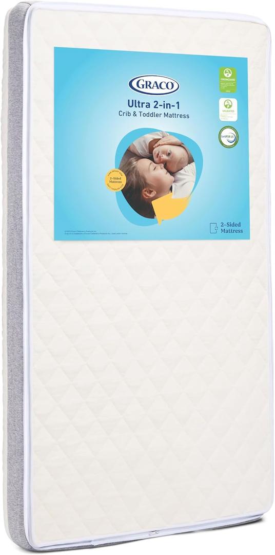 Graco Ultra 2-in-1 Premium Dual Sided Baby Crib & Toddler Mattress | GREENGUARD Gold, CertiPUR-US Certified Foam, Machine Washable Cover with Waterproof Surface, Fits Standard Crib & Toddler Bed