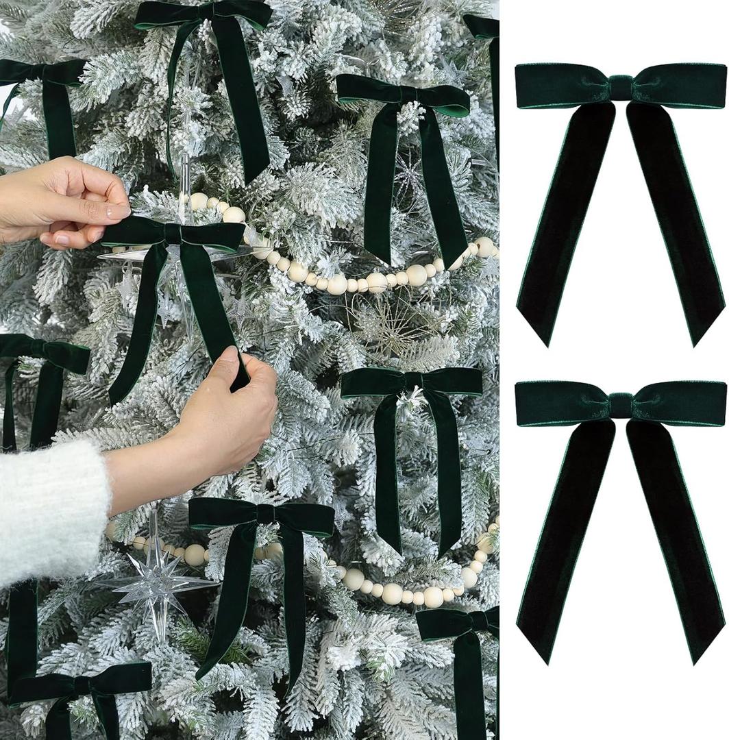 Flair Gifts 24 Pcs Velvet Christmas Bows Ornaments- 5 x 7 Inch Dark Green Luxury Velvet Ribbon Bows for Christmas Tree Decor, Wreaths, Gifts Wrapping, Wine Glasses, Rattan Strips and Xmas Home Decor