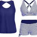 Yonique 3 Piece Tankini Swimsuits for Women Swim Tank Top Bathing Suits with Boy Shorts and Bra Athletic Swimwear Blue White Stripe S