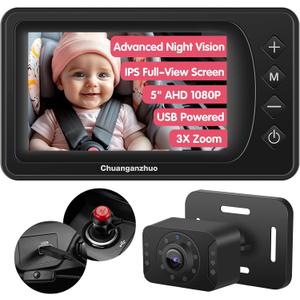 Baby Car Camera with Advanced Crystal-Clear Night Vision, 3X Zoom, USB Powered, 5'' AHD 1080P IPS Full View Car Baby Monitor, Backseat Camera for Kids Infants Rear Facing Mirror, 5inch Black