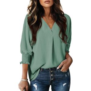 Dokotoo Women Blouses Dressy Casual 3/4 Length Sleeve Womens Tops V Neck Collared Shirts Business Work Blouse, Small