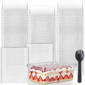 Tanlade 100 Pack 8oz Clear Dessert Cups with Lids and Sporks Rectangle Plastic Cups Disposable Parfait for Banana Pudding Appetizer Mousse Fruit Cupcakes Yogurt Oatmeal Serving
