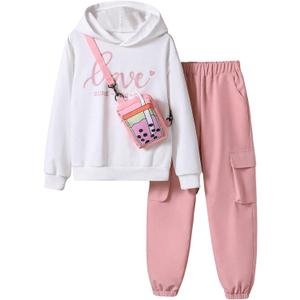 Floerns Girl's 3 Piece Outfit Letter Print Long Sleeve Sweatshirt Pants Set with Bag Pink 9Y
