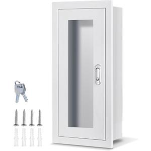 Semi Recessed Fire Extinguisher Cabinet for 5-12 pounds Extinguisher, White Baked Enamel Steel Fire Extinguisher Mount with Lock for Indoor Outdoor, Wall Cabinet with Full Clear Acrylic Door