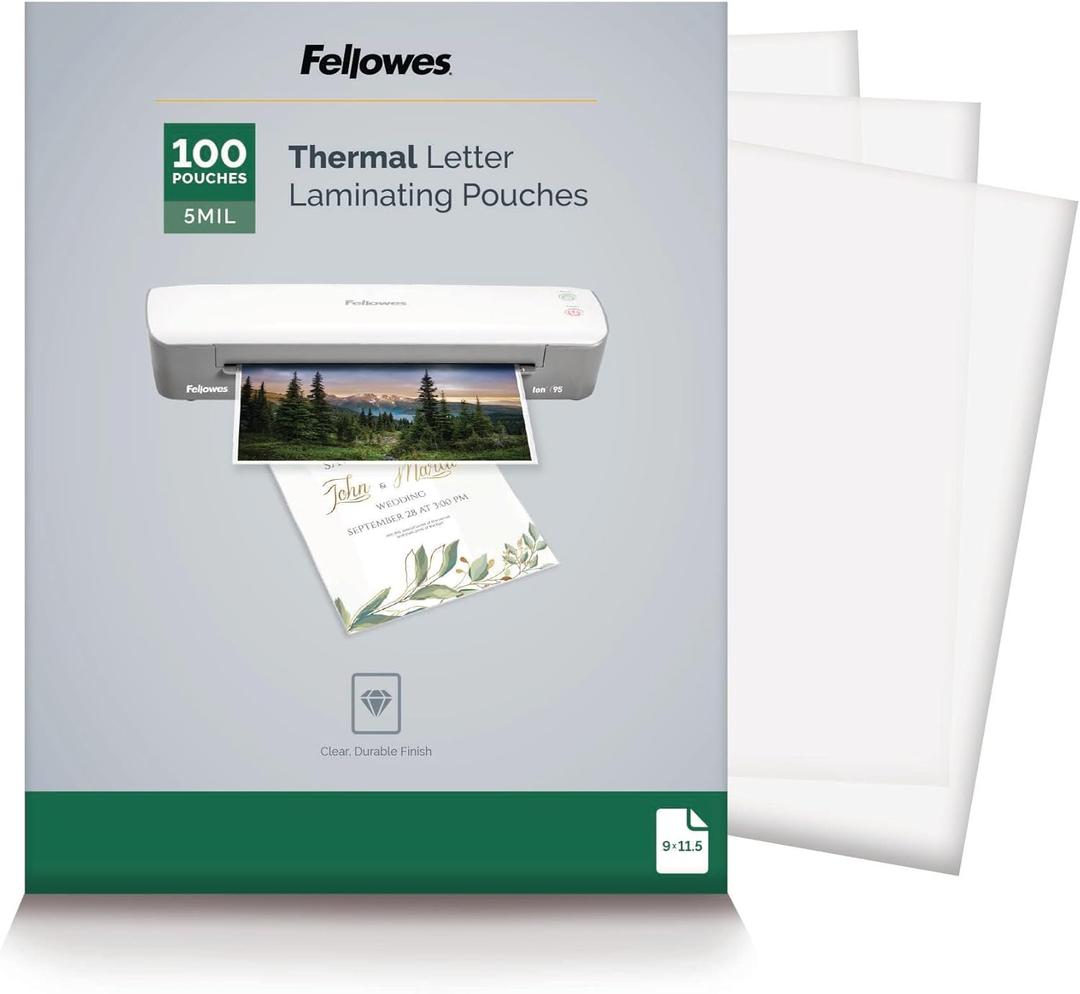 Fellowes Thermal Laminating Pouches, 5mil Letter Size Sheets, 9 x 11.5, 100 Pack, Clear (5743501)