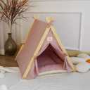 Solid Wood Cat & Dog Indoor Tent with Thick Mat, Teepee Tent & Cave Bed (Pink)