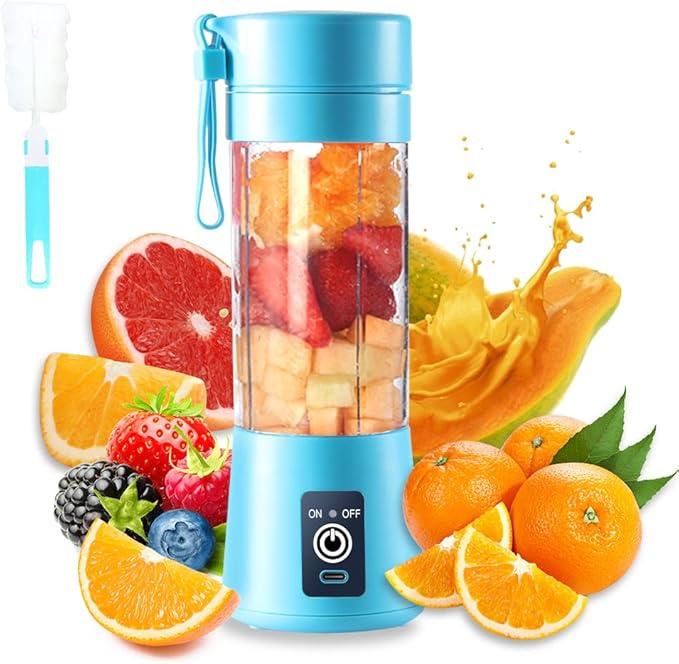 Portable Electric USB Juicer Blender Cup, Mini Blender for Shakes and Smoothies, Juice - 380ml, Six Blades, Blue