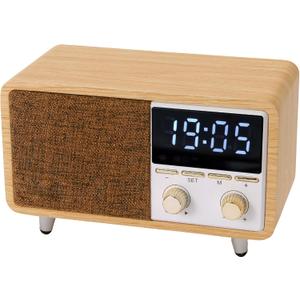 Retro Bluetooth Speaker Clock Radio with Fabric Grille&Wood Finish, Vintage FM Radio with Dual Alarm, Dimmable LED Display for Bedroom Nightstand, Office Desk, Loud Sound, Rechargeable, Knob Control , TF&AUX