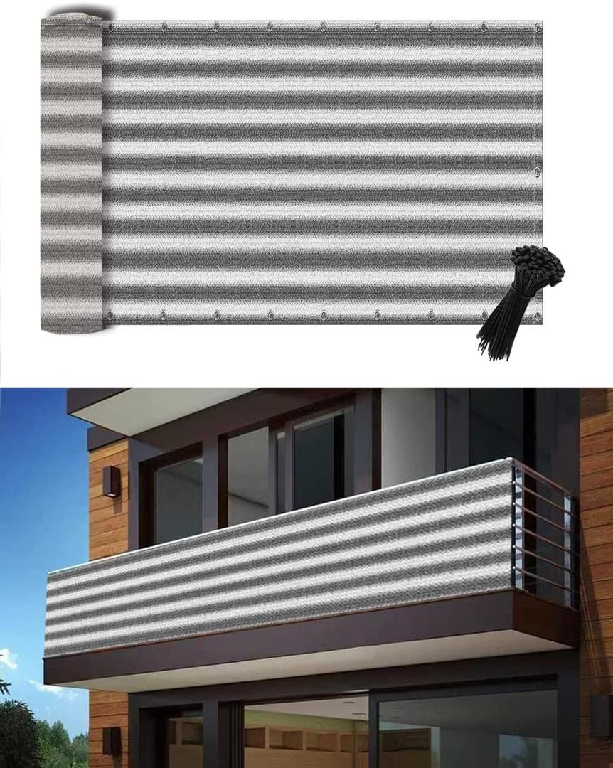 POYEE 3'10' Gray White Balcony Privacy Screen Fence Cover UV Protection Weather Resistant Waterproof Shade Cloth for Outdoor Patio Apartment Backyard Porch Deck Railing with Zip Ties