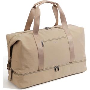 Oeihuivt Weekender Bags for Women - 21 Inch Large Travel Duffel Bag 2-Piece Set with Shoe Compartment, Heavy-Duty Canvas Leather Carry On Overnight Tote (Khaik-1A)