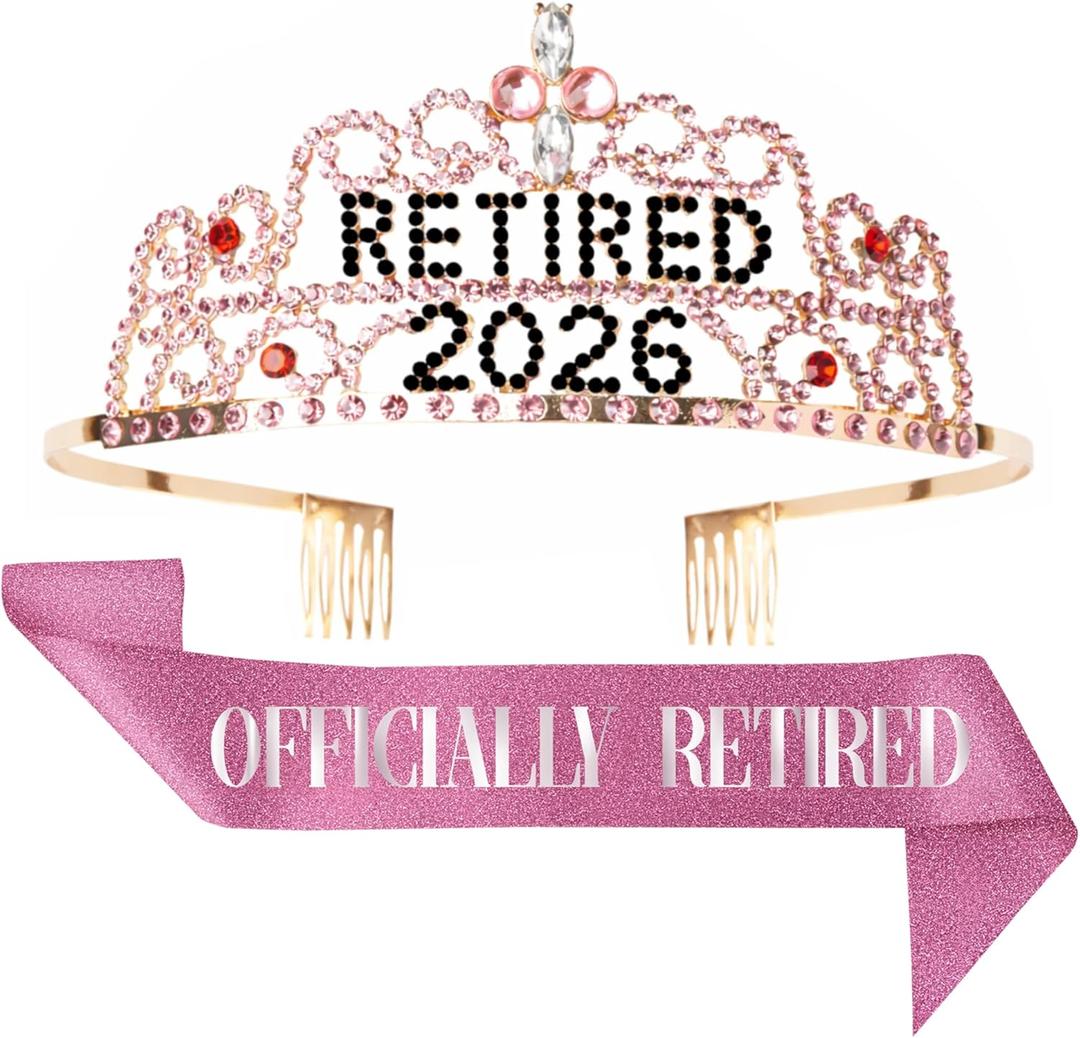 2026 Retirement Tiara & Sash - Officially Retired Sash & Crown for Parties, Events, Gifts, Favors, and Decorations (2026 Pink)
