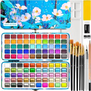 ARTISTRO 100 Ultimate Watercolors Paint Set  Vivid Colors in a Portable Box  Travel Watercolor Set with Complete Palette