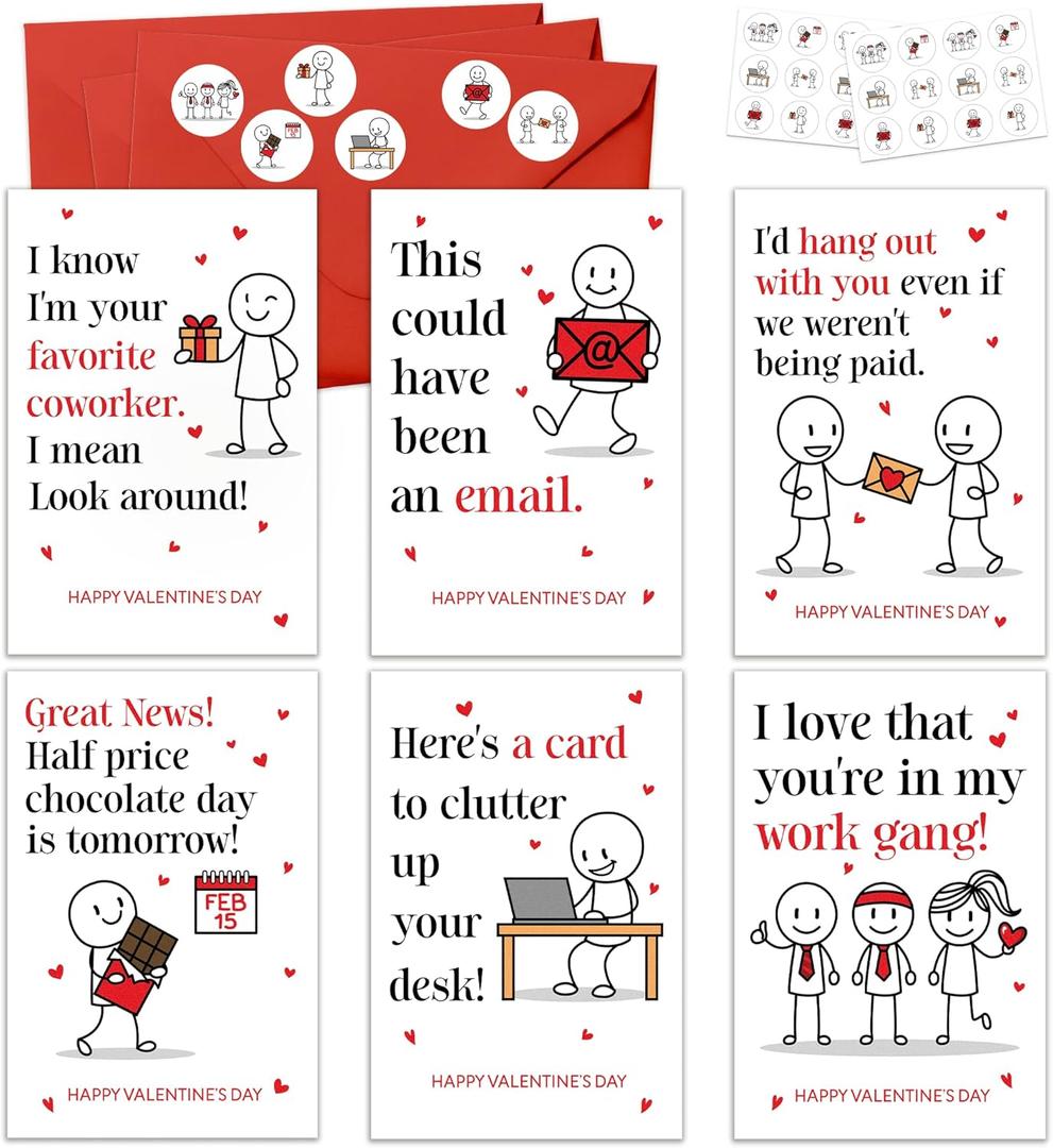 KATLADIZ 24 Packs Coworker Valentine Cards - Valentines Cards for Coworkers - The Office Valentines Day Card for Coworkers, Employees - 4.0''x 6.0'' Funny 6 Designs Card with Envelopes, Stickers