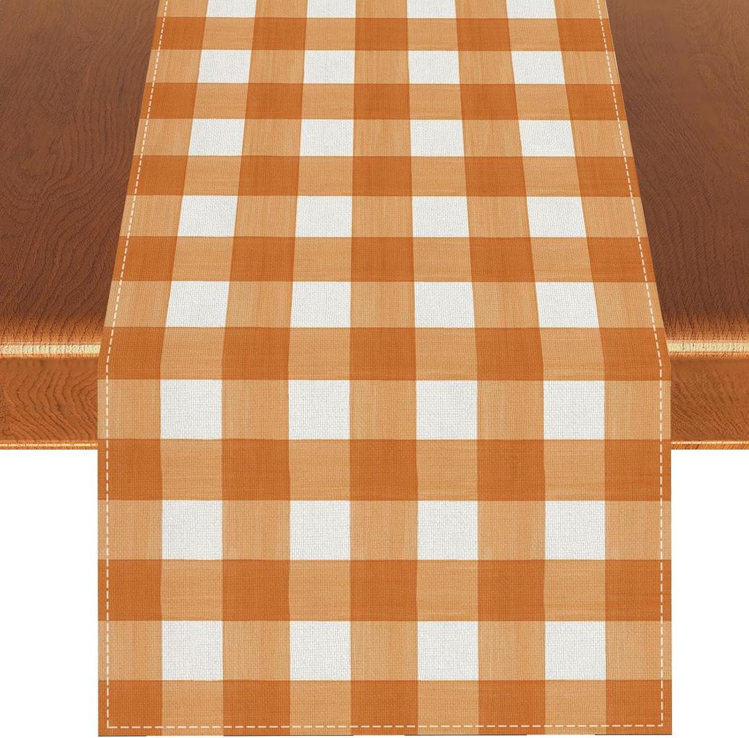 2 x Watercolor Black White Buffalo Check Plaid Table Runner Gingham Tablecloth Farmhouse Spring Summer Fall Home Kitchen Table Decorations-1372'' (Orange and White)