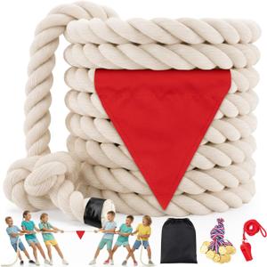 Tug of War Rope for Kids & Adults - 20ft Soft Cotton Outdoor Pulling Rope with Flag for Team Building Activities Field Day Family Reunions Birthday Parties Camping Games- Beige