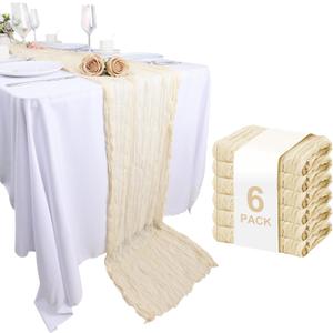 WIGENIUS 6 Pack Beige Cheesecloth Table Runner Semi-Transparent Fabric 35 X 120 Inch Boho Restic Gauze Table Runners for Wedding Party Baby Shower Decoration