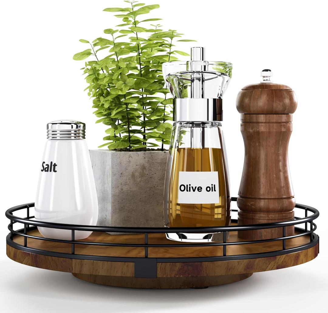 Farmhouse Oak 10" Lazy Susan Turntable Organizer for Cabinet, Round Wooden Lazy Susan Organization and Storage for Dining Table, Pantry, Kitchen, Countertop, Cupboard, Home Decor, Walnut Wood